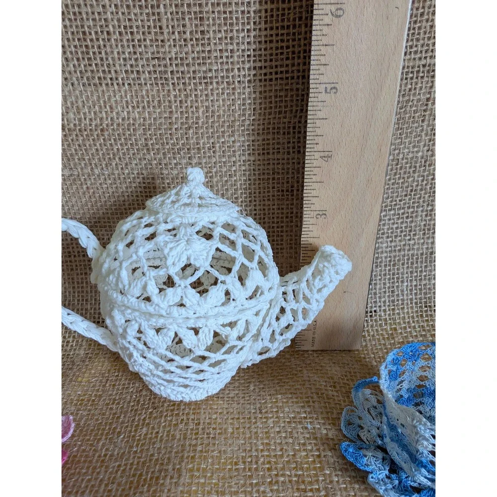 Handmade Stiffened Crochet Doily Tea Set Teapot Teacups Saucers Pink Blue White